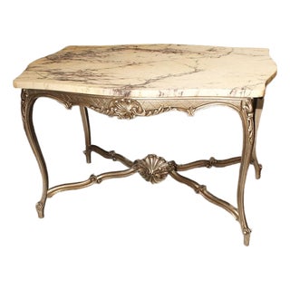 19th-Century French Louis XV-Style Marble-Top Table With Silver-Tone Finish, Circa 1860 For Sale