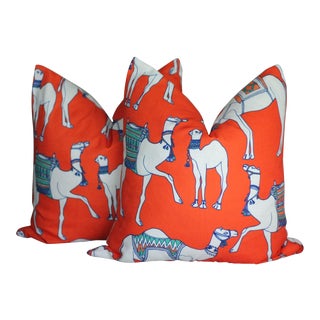 Orange Camel Cotton & Quill Pillows - a Pair For Sale