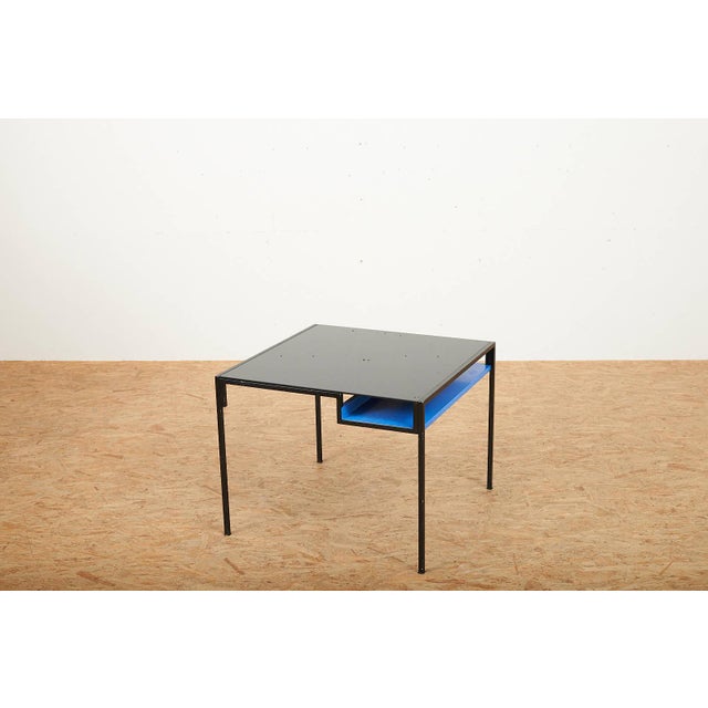 Blue Coffee Table in Black Lacquered Metal Square Tube and Glass Top with Blue Metal Shelf For Sale - Image 8 of 11