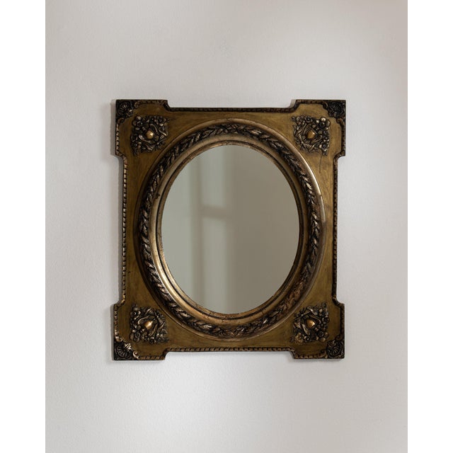 Wood 19th Century France Antique Brass Repousse Brass Oval Mirror For Sale - Image 7 of 7