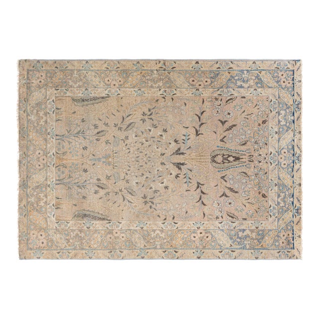 20th Century Persian Tabriz Gold Beige and Azure Handmade Wool Rug For Sale