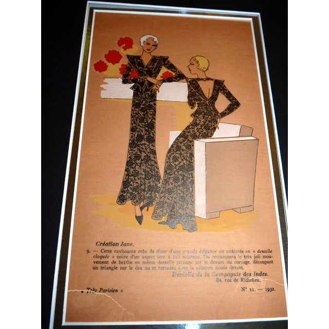 This original 1932 hand-colored pochoir plate, titled "Création Jane," is a sophisticated example of early 1930s Parisian...