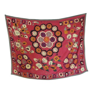 Vintage Red and Orange Uzbekistan Embroidery Suzani Textile Panel For Sale