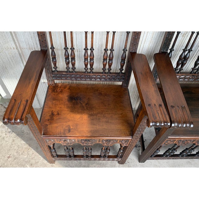 19th Century Spanish Colonial Altar Carved Armchairs With Wood Seat - a Pair For Sale - Image 6 of 8