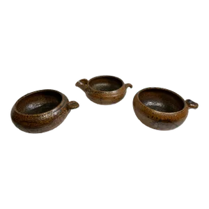 1970s Set of 3 Mid-Century Modern Hand Thrown Studio Art Pottery 1 Pourer and 2 Bowls With Fish Motif