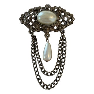 Late 20th Century Victorian Style Vintage Brooch With Dangling Pearl and Chains For Sale