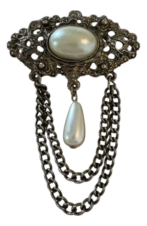 Late 20th Century Victorian Style Vintage Brooch With Dangling Pearl and Chains