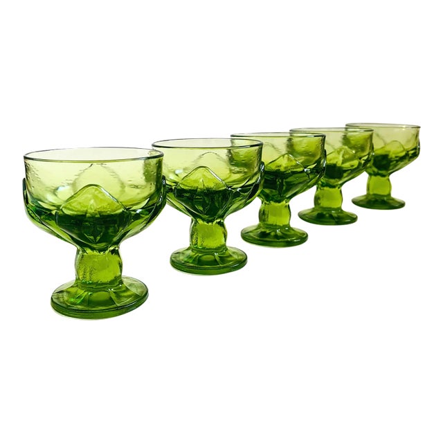 1970s Mid Century Modern Green Textured Coupe Cocktail Glasses - "Green Cabaret" by Tiffin Franciscan - Set of 5 For Sale