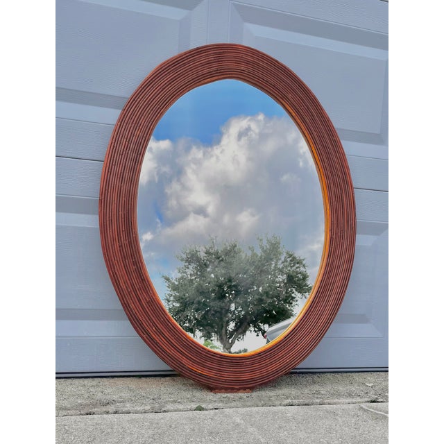 1960s Mid Century Modern Oval Rattan Split Reed Wall Mirror | Attributed to Gabriella Crespi For Sale - Image 5 of 14