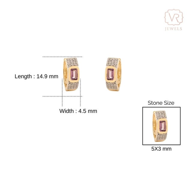 14k Yellow Gold Octagon Sapphire & Diamond Pink Contemporary Hoop Earrings- A Pair For Sale - Image 9 of 12