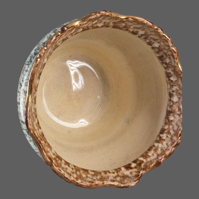 Antique Majolica Jardinière Glazed Pottery Scalloped Rim Spongeware Planter For Sale - Image 6 of 11