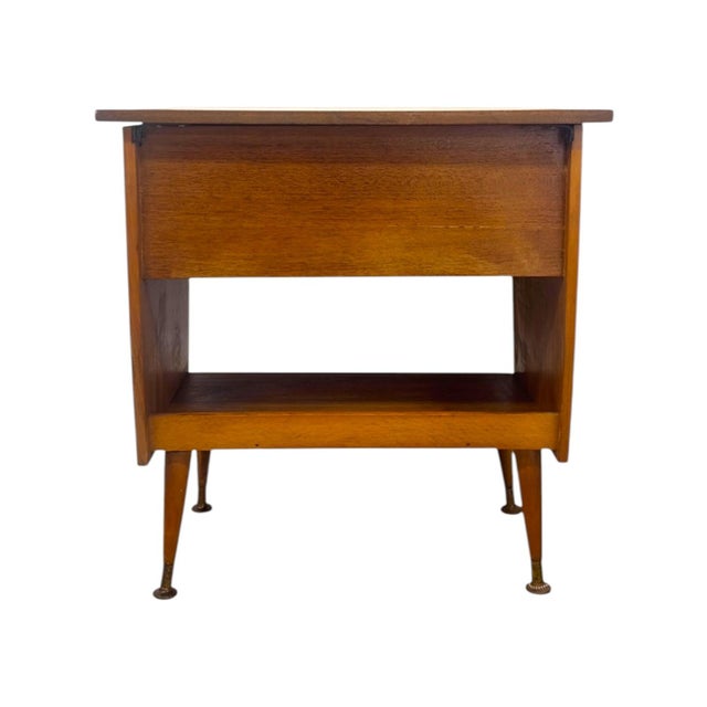 Vintage Mid-Century Modern Italian Style Flip-Top Sewing Table / Nightstand With Brass Finished Capped Legs. For Sale - Image 4 of 12