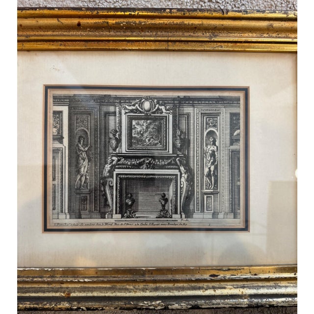 18th Century French Architectural Interior Engraving of Ornate Fireplace, Gilt Frame For Sale - Image 4 of 9