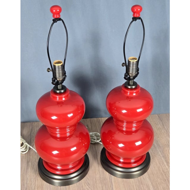 Chinese Pair Double Gourd Chinese Porcelain Rare Red Glaze Pottery Barn Table Lamps For Sale - Image 3 of 14