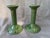 A lovely pair of green ceramic basketweave candlesticks with a leaf design around the base. Bordallo Pinheiro, stamped on...