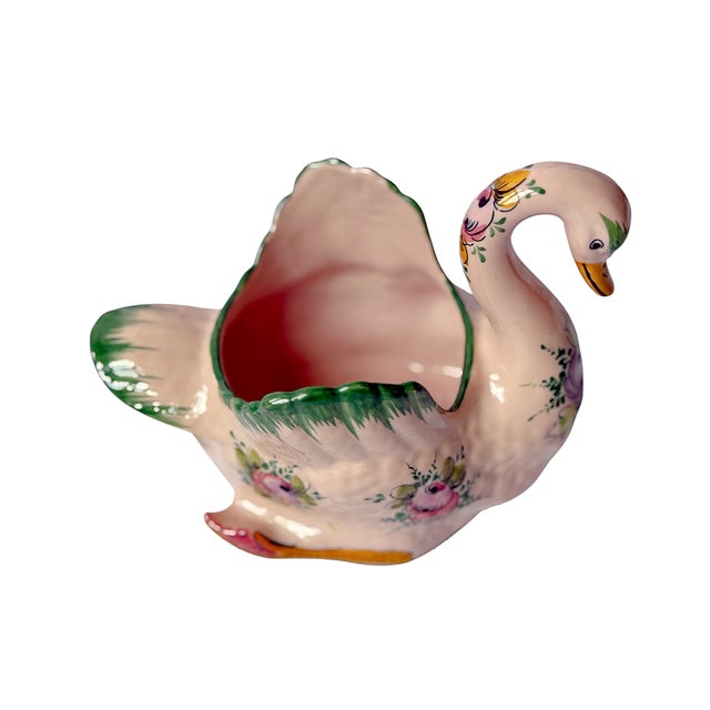 Mediterranean Vintage Portuguese Hand-Painted Pink Floral Ceramic Swan Planter For Sale - Image 3 of 7