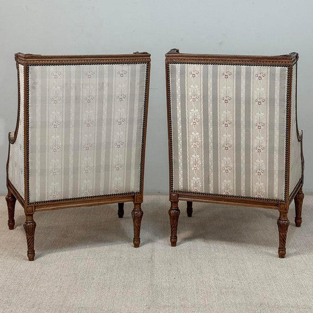 Pair 19th Century French Louis XVI Walnut Bergères ~ Armchairs For Sale - Image 17 of 17