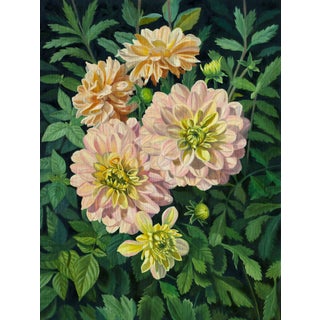 Dahlias in Bloom by Robin Hextrum | Oil on Linen Panel Painting of blooming dahlias For Sale