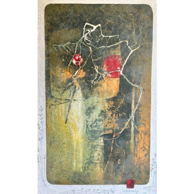 A compelling original lithograph by Hoi Lebadang, titled Tree with Two Red Suns, printed on textured woven paper and...