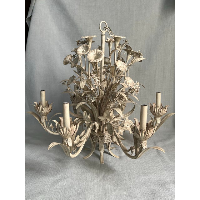 Exquisite Gustavian Style antique white tole wildflower chandelier with 6 lights and canopy. This stunning chandelier...