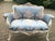 Vintage French Louis XVI Cream Beech Blue Damask Settee – 1 Pc For Sale - Image 4 of 11