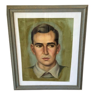 Vintage Midcentury Framed Artisan Portrait of a Handsome Man For Sale