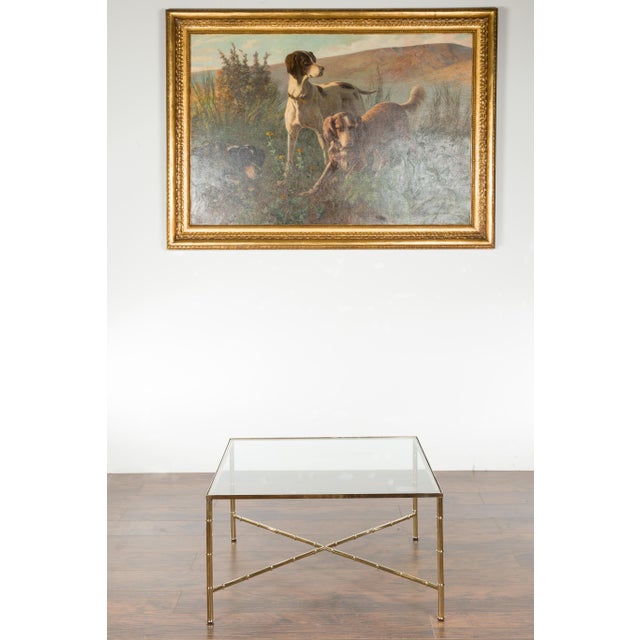Metal Italian Midcentury Brass Coffee Table with Glass Top and X-Form Cross Stretcher For Sale - Image 7 of 12