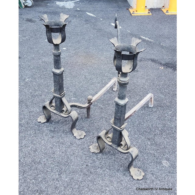 Pair Early Antique French Wrought Iron Basket Top Andirons / Firedogs With Crane Pot Bar 28" For Sale - Image 11 of 16