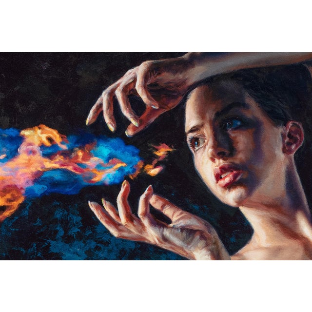 Fire Starter by Dave Seeley | Oil on Canvas on Board Woman creating flames with her hands. For Sale - Image 4 of 5