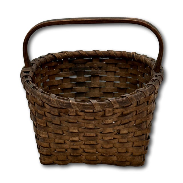 Excellent Small Size Antique New England American Hand Woven Ash Wood Splint Berry Gathering Basket For Sale - Image 16 of 18