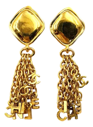 Chanel Vintage Gold Plated Argyle Letter Chain Dangle Clip on Earrings, A Pair