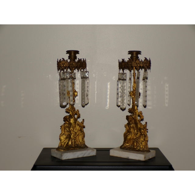 Late 19th Century Pair Antique Victorian Girandoles Brass Marble Crystal Candelabra Candle Holders For Sale - Image 5 of 15