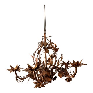 Vintage Italian Iron/Gilt Tole Chandelier, Ornate Floral Birdcage Style, 5 Arms, Unwired For Sale