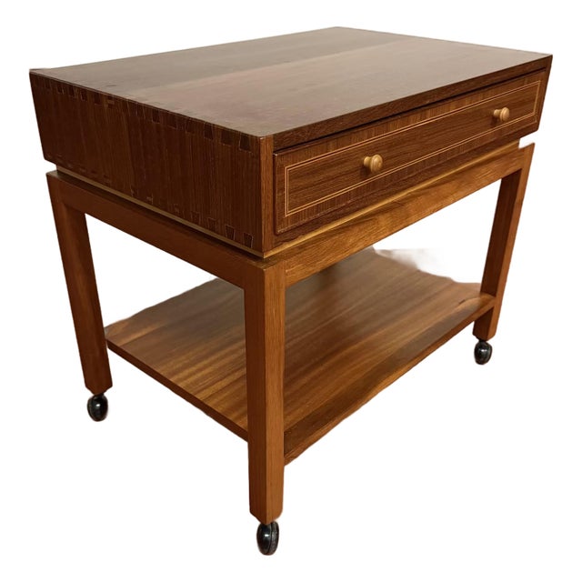 Vintage Mid-Century Rolling End Table Nightstand With Finger Jointed Case For Sale