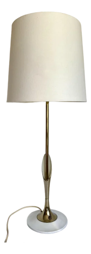 1960's Mid-Century Modern Tulip Shaped Brass & White Table Lamp, Attributed to Laurel Lamp Co.