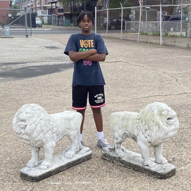 Vintage Classical Style Standing Lion Cement Guardian Entry Garden Statues - a Pair. Circa Mid 20th Century. Measurements:...