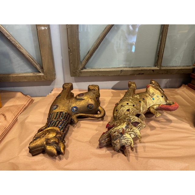 Asian Mid-20th Century Gilt Wooden Fu Dog Sculptures For Sale - Image 3 of 7