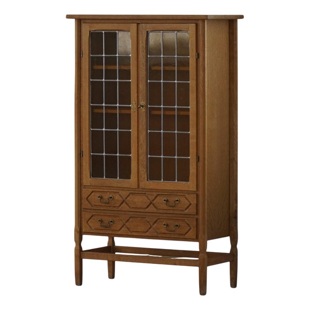 Mid-Century Danish Modern Oak Display Cabinet with Leaded Glass, 1960s For Sale