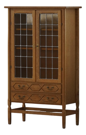 Mid-Century Danish Modern Oak Display Cabinet with Leaded Glass, 1960s
