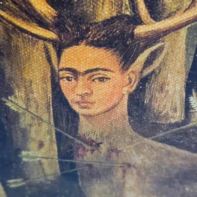 Mid-Century Turista Mexican Folk Art: Frida Kahlo "Wounded Deer" (1946) Lithograph on Canvas - Rustic Pine Frame For Sale - Image 4 of 12