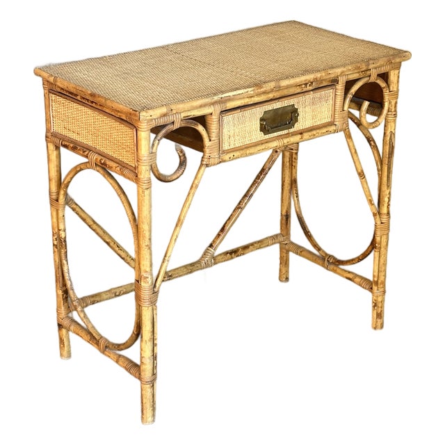 1970s British Colonial Style Burnt Bamboo, Cane, and Rattan Desk or Console For Sale