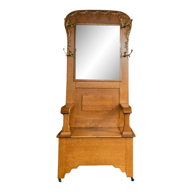 Vintage White Oak Coat Rack Bench For Sale