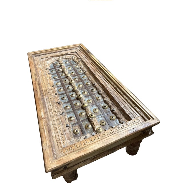 Antique Indian Carved Door Coffee Table – Solid Wood With Patina & Brass Stud Accents 53x26.5 For Sale In Orlando - Image 6 of 6