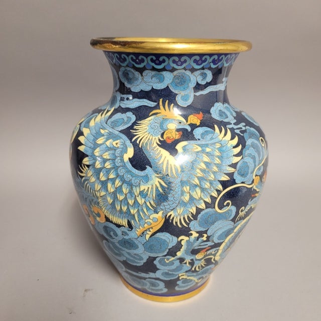 Chinese Chinese Cloisonné Vase With Dragon and Phoenix on Blue Ground, Mid-20th Century For Sale - Image 3 of 13