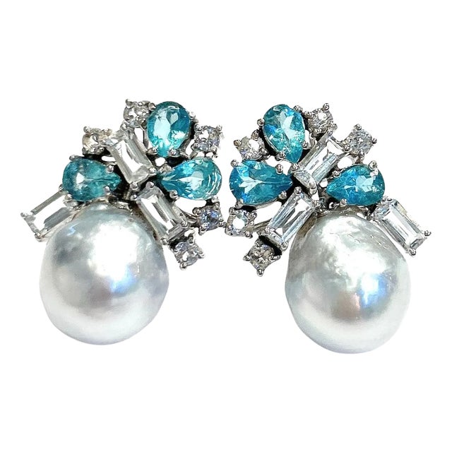 Bochic “Orient” Pearls, Topaz & Blue Appetite Earrings Set 18K Gold & Silver For Sale