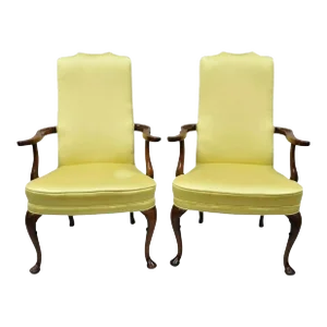 Vintage Southwood Queen Anne Style Mahogany Library Arm Chairs - a Pair