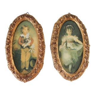 Vintage Italian Print Wall Hanging in Gilded Oval Wood Frames For Sale