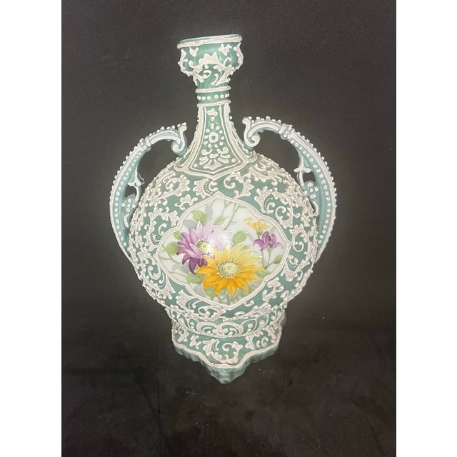 Japanese Moriage Double Handle Bottle Vase Hand Painted Floral Porcelain 10” For Sale - Image 10 of 11