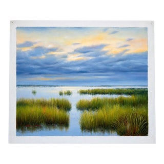 Original Coastal Marsh Oil Painting, 20 X 24 Unstretched Canvas, Blue Sky Wetlands Landscape Art For Sale