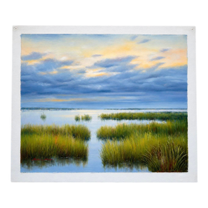 Original Coastal Marsh Oil Painting, 20 X 24 Unstretched Canvas, Blue Sky Wetlands Landscape Art